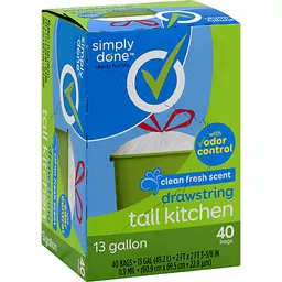 Simply Done Tall Drawstring Kitchen Bags, 13 Gallon, 40 Ct, Plastic Bags