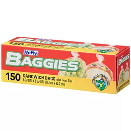 Hefty Baggies Food Storage Bags, Sandwich, Twist Tie, 150 Count, Size: One Size
