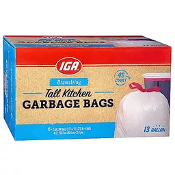 IGA Bags Kitchen Tall White 13 Gal Drawstring, Trash Bags