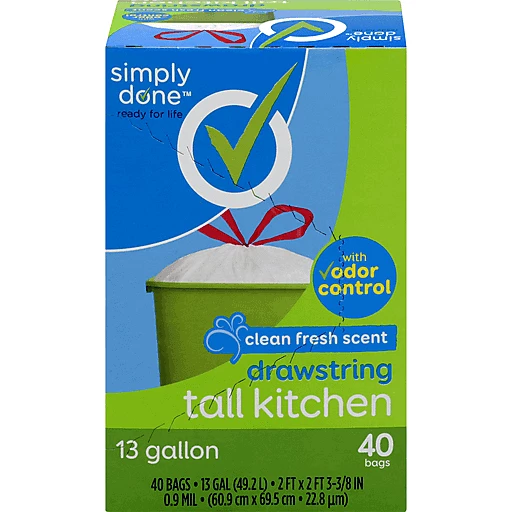 Simply Done Tall Drawstring Kitchen Bags, 13 Gallon, 40 Ct