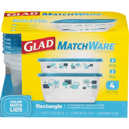 Glad Food Storage Containers, Matchware Rectangle, Two 32 Ounce