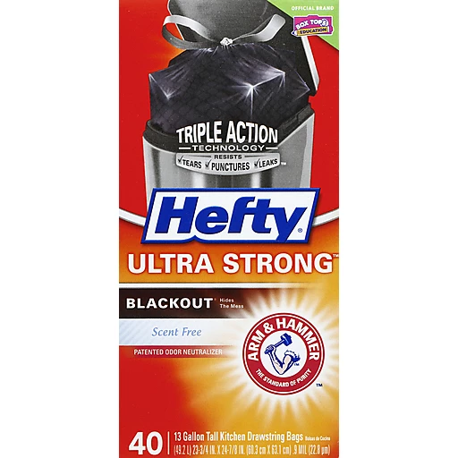 Hefty Tall Kitchen Bags, Drawstring, Ultra Strong, 13 Gallon, Blackout,  Scent Free 40 Ea, Trash Bags