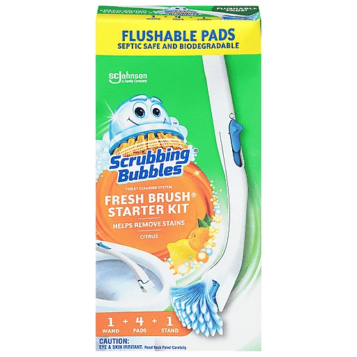 Scrubbing Bubbles Fresh Brush Starter Kit, Citrus - Toilet Cleaning System  With Flushable Pads (19 Inch Handle, 4 Pads and 1 Stand), Cleaning