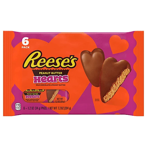 REESE'S Milk Chocolate Peanut Butter Hearts Candy, Valentine's Day, 7.2 oz,  Pack (6 Pack), Packaged Candy