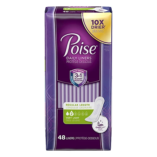 Poise Daily Incontinence Panty Liners, 2 Drop Very Light Absorbency,  Regular, 48 Count of Pantiliners, Feminine Care
