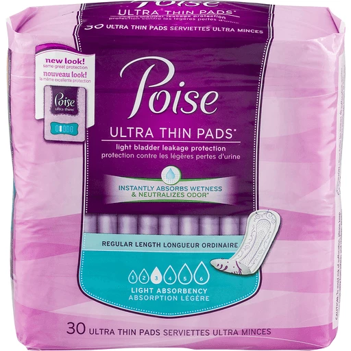 Poise Incontinence Pads & Postpartum Incontinence Pads, 3 Drop Light  Absorbency, Regular Length, 30 Count (Packaging May Vary), Feminine Care