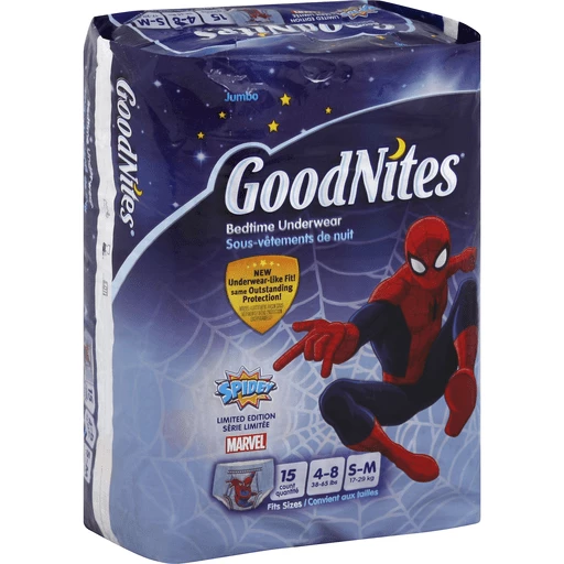 GoodNites Bedtime Underwear, Size 4-8/S-M (38-65 lb), Marvel Spidey, Jumbo, Diapers & Training Pants