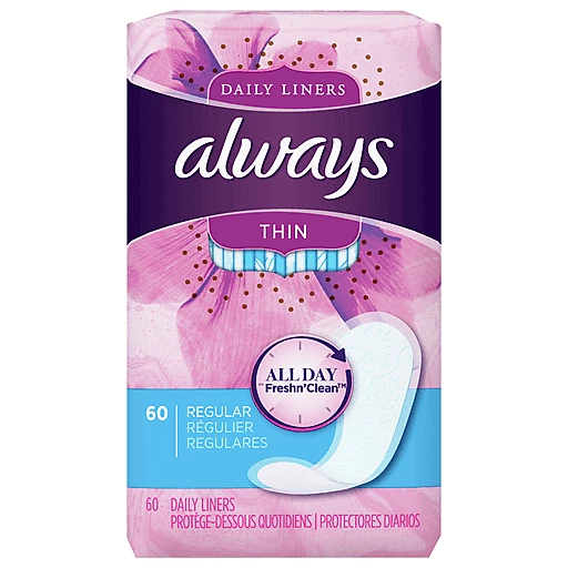 Always Thin Daily Liners, 60 Count, Unscented, Wrapped, Regular, Feminine  Care