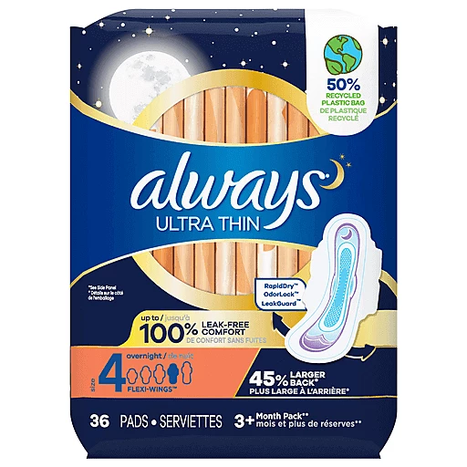 Always Pads, Ultra Thin, Flexi Wings, Overnight, Size 4 36 ea