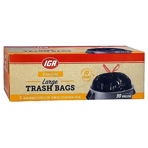 IGA Bags Trash Black Large 30 Gal Drawstring, Trash Bags