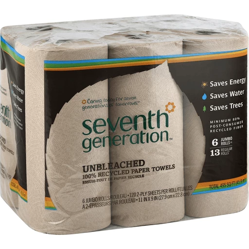 Seventh Generation Paper Towels, Jumbo Rolls, Unbleached, 2-Ply - 6 rolls