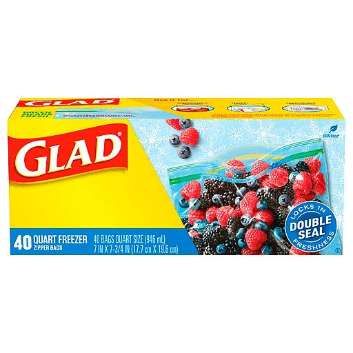 Glad Zipper Freezer Storage Plastic Bags Quart 40 Count