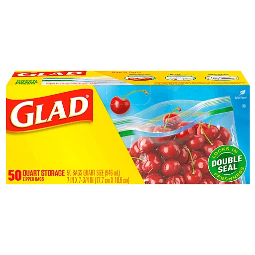 Glad Zipper Food Storage Plastic Bags Quart 50 Count Plastic