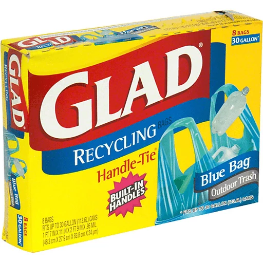Glad Handle-Tie Recycling Bags, Blue, 30 Gallon, Trash Bags
