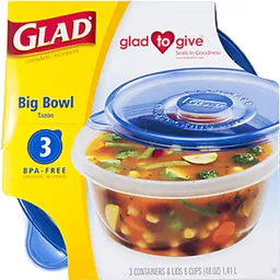 Glad Big Bowl Containers, With Lids, Round Size, 6 Cups, Plastic Containers