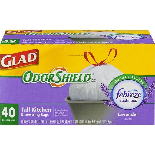 Glad Odor Shield Tall Kitchen Drawstring Bags, 13 Gallon, 40 Bags