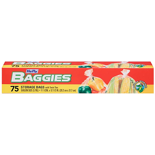 Hefty Baggies Gallon Storage Bags With Ties 75 Ct Box, Plastic Bags