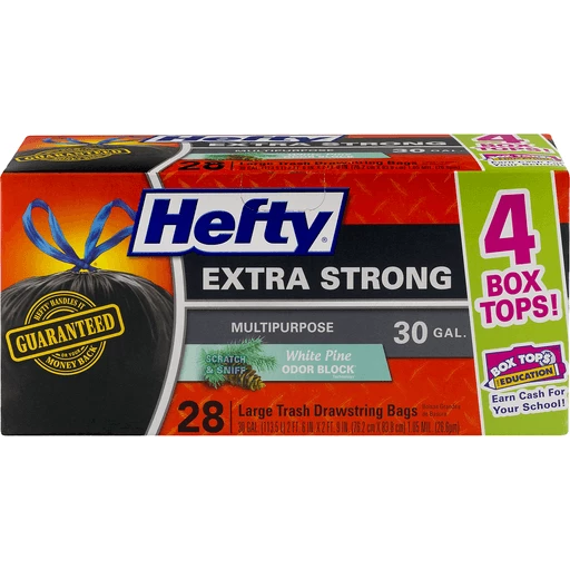 Hefty Trash Bags, Extra Strong, Drawstring, Multipurpose, Large, Patented  Odor Neutralizer, White Pine Breeze, 30 Gallon, Trash Bags