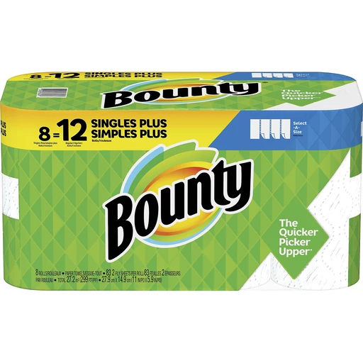 Bounty Paper Towels, Select-a-Size, White, Singles Plus Rolls, 2-Ply - 12 rolls