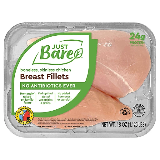 Just Bare Chicken Breast Fillets, Boneless, Skinless 18 Oz, Organic &  Natural