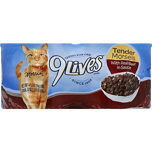 9 Lives Cat Food, With Real Beef In Sauce, Tender Morsels 4 Ea