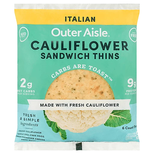 Outer Aisle Sandwich Thins, Cauliflower, Italian 6 Ea, Bread & Dough